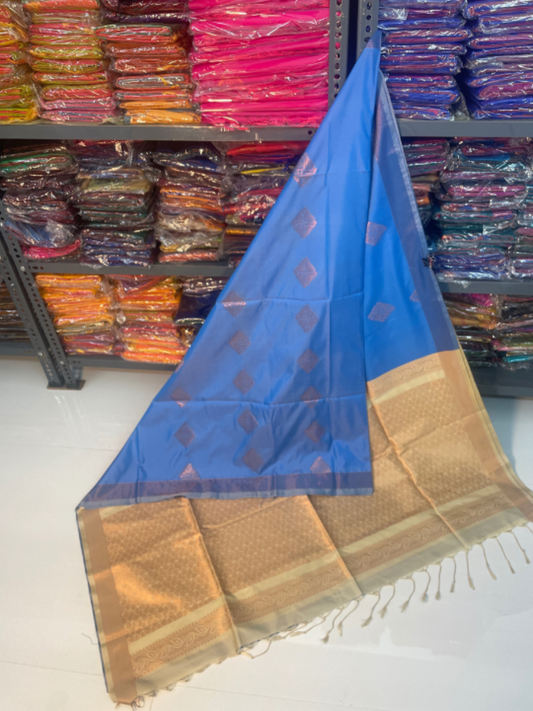 Authentic Kanjivaram Silk Sarees (Blue and Cream)