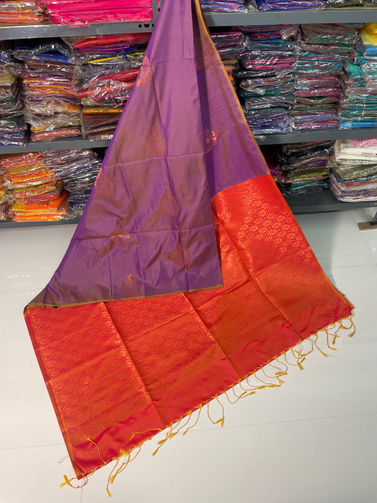 Authentic Kanjivaram Silk Sarees (Purple & Orange)