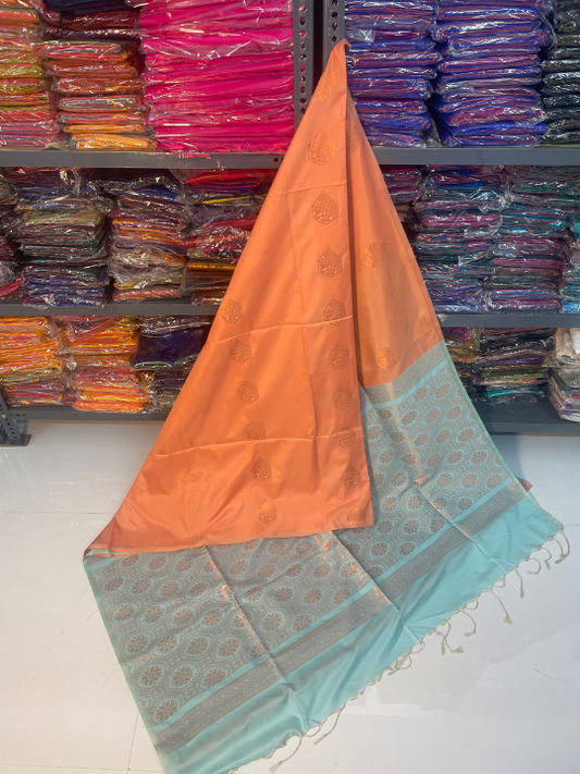 Authentic Kanjivaram Silk Sarees (Peach and Sea Blue)