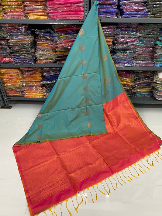 Kanjivaram Tissue Border Soft Silk Saree (Sea Blue & Pink)