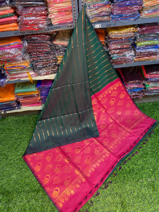 Kanjivaram Tissue Border Soft Silk Saree (Dark Green & Dark Pink)
