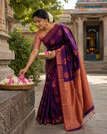 Purple & Rose Gold Kanjivaram Semi-Silk Saree – Gold & Copper Putta, 2 Inch Border