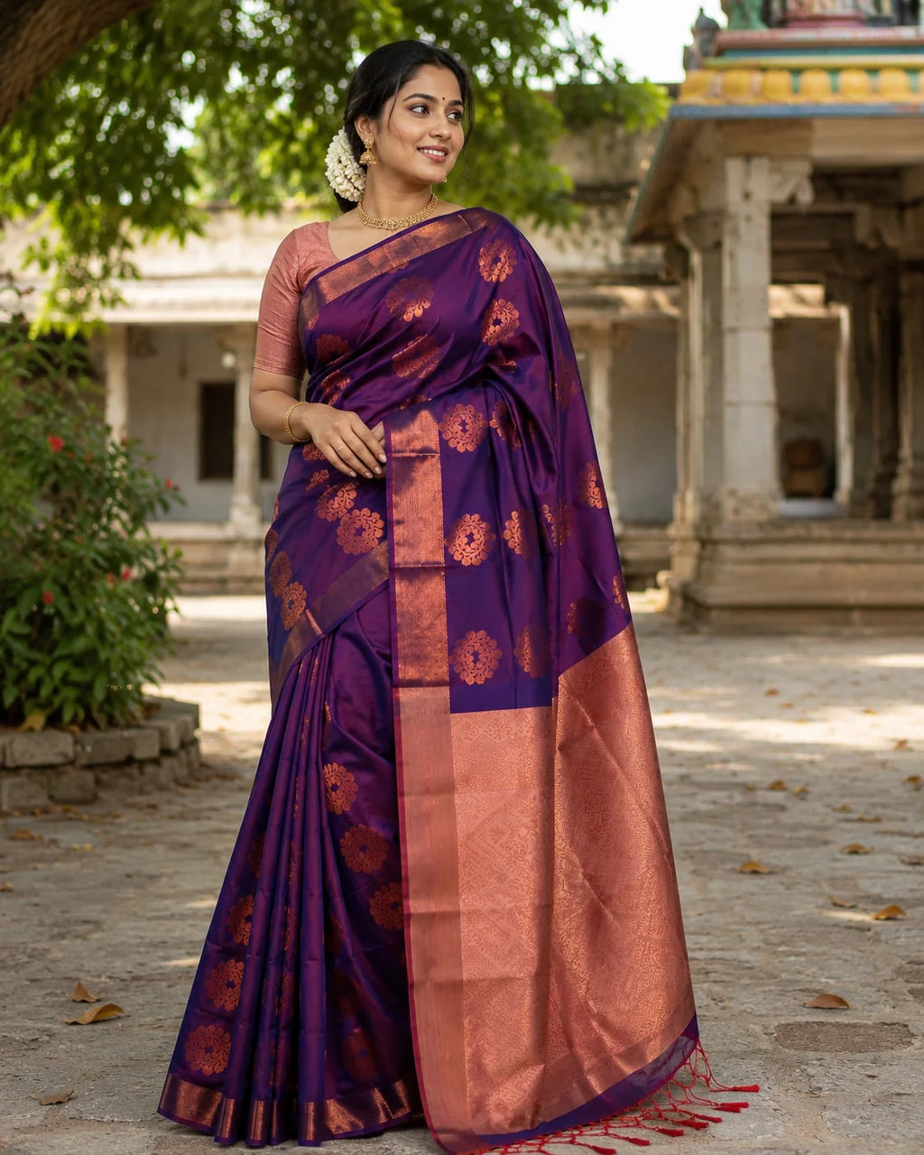 Purple & Rose Gold Kanjivaram Semi-Silk Saree – Gold & Copper Putta, 2 Inch Border