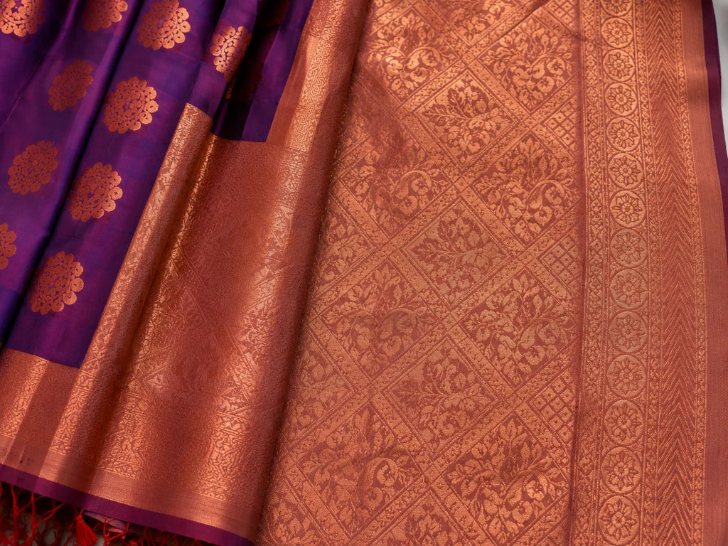 Purple & Rose Gold Kanjivaram Semi-Silk Saree – Gold & Copper Putta, 2 Inch Border