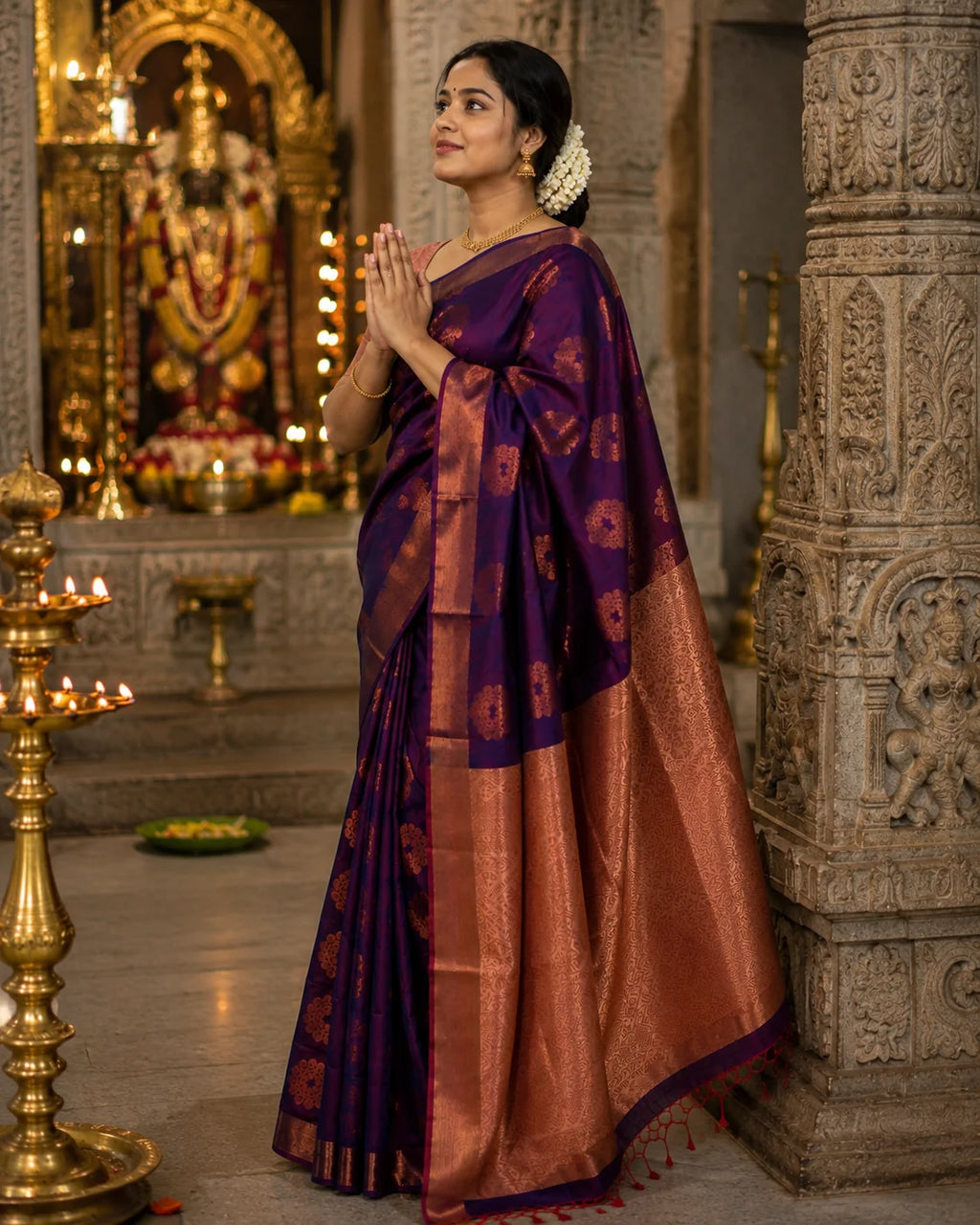 Purple & Rose Gold Kanjivaram Semi-Silk Saree – Gold & Copper Putta, 2 Inch Border