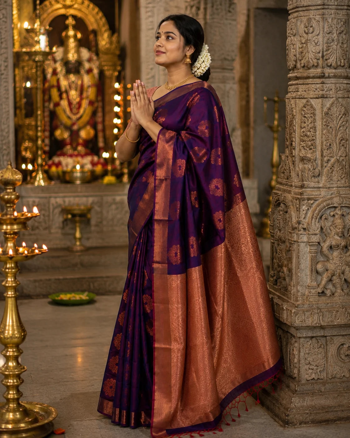 Purple & Rose Gold Kanjivaram Semi-Silk Saree – Gold & Copper Putta, 2 Inch Border