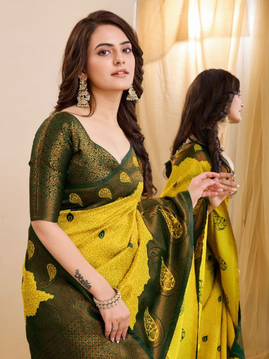 Banarasi Soft Silk Saree (Yellow & Green) - Nivnyaa Fashion