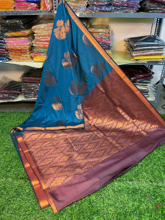 Kanjivaram Tissue Border Soft Silk Saree (Blue & Brown) (1.5 Inch Bord ...