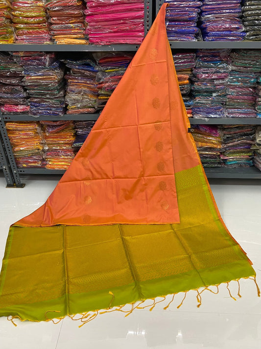 Kanjivaram Tissue Border Soft Silk Saree (Peach  & Green)