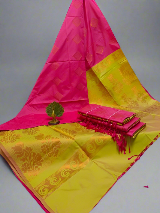 Kanjivaram Tissue Border Soft Silk Saree (Pink & Apple Green)