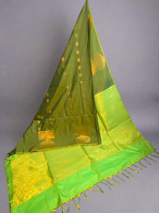 Kanjivaram Tissue Border Soft Silk Saree (Mehandi Green & Sea Green)