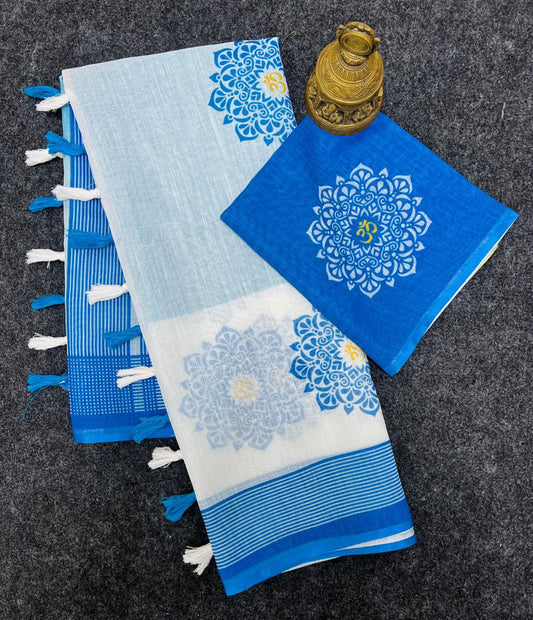 Soft Linen Blue and White Color Durga Saree