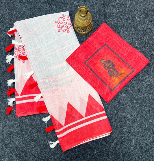 Soft Linen Red & White Color Navratri Special Saree