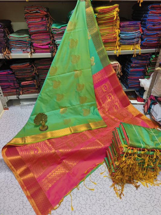 Kanjivaram Silk Sarees 3 INCH Jacquard Border (Green & Pink)