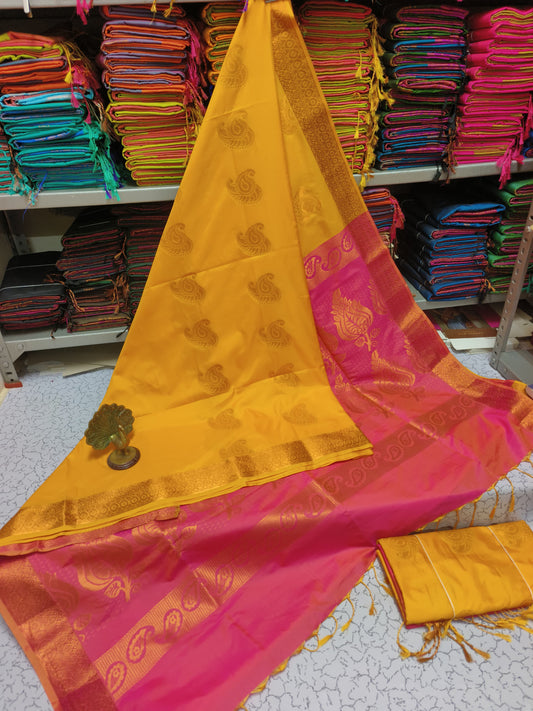 Kanjivaram Silk Sarees 3 INCH Jacquard Border (Mustered & Pink)