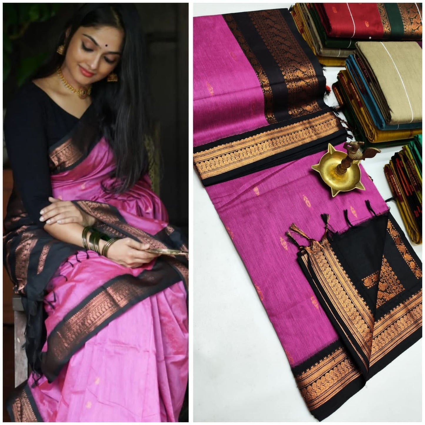 Pink & Black Kalyani Soft Cotton Saree